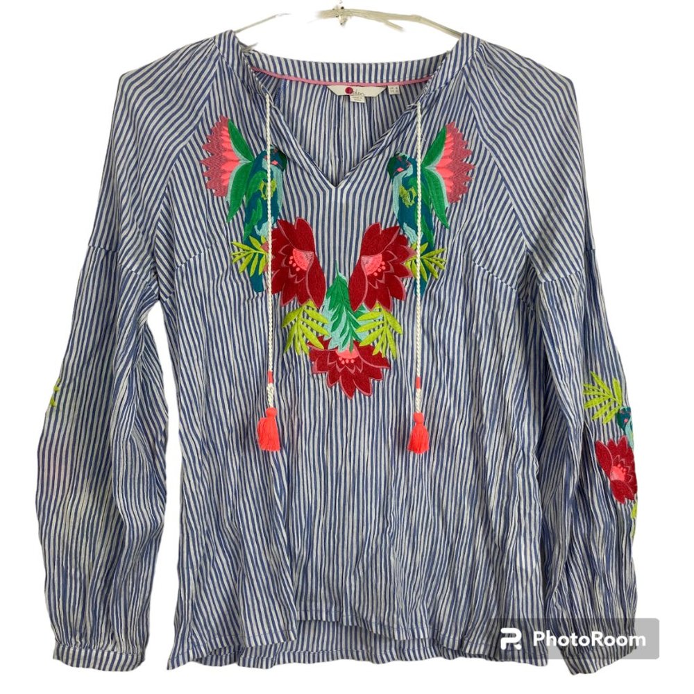 Boden US 4 Maria Blue White Striped Embroidered Floral Parrot Tassel Top